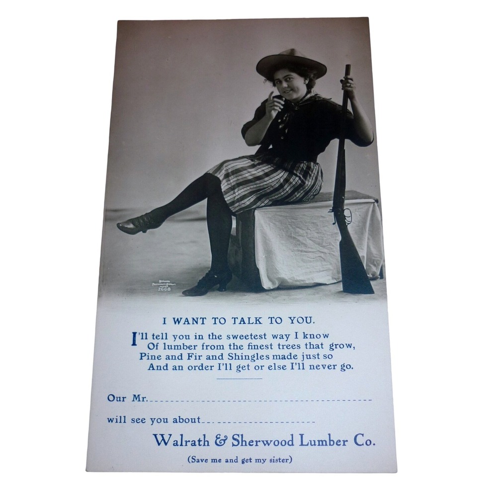 Vintage Walrath & Sherwood Lumber Co Advertising Postcard Woman with Rifle Poem